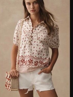 Anthropologie Pilcro Floral Embroidered Popover Blouse - Large - Boho Scalloped